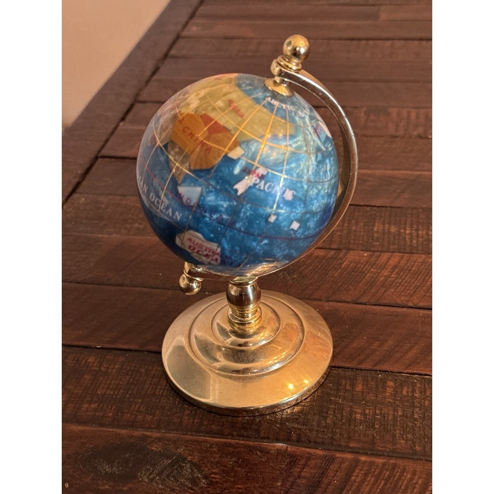 Vintage Inlaid Gemstone Globe World Map Semi Precious Stones Desktop Globe 6" H